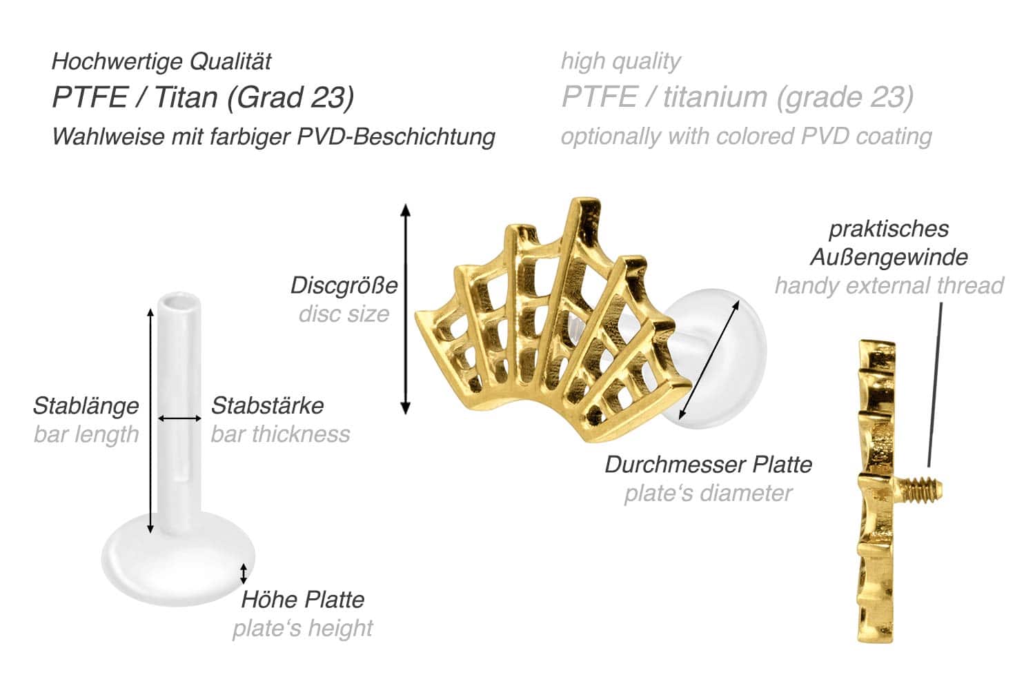 PTFE Labret mit Innengewinde + Titan-Aufsatz SPINNENNETZ