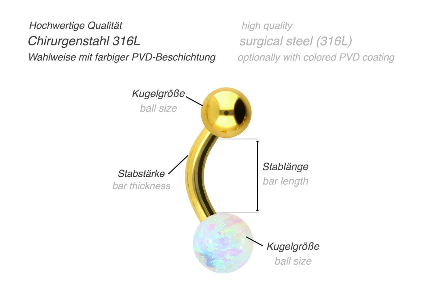 Surgical steel mini bananabell SYNTHETIC OPAL + SURGICAL STEEL BALL