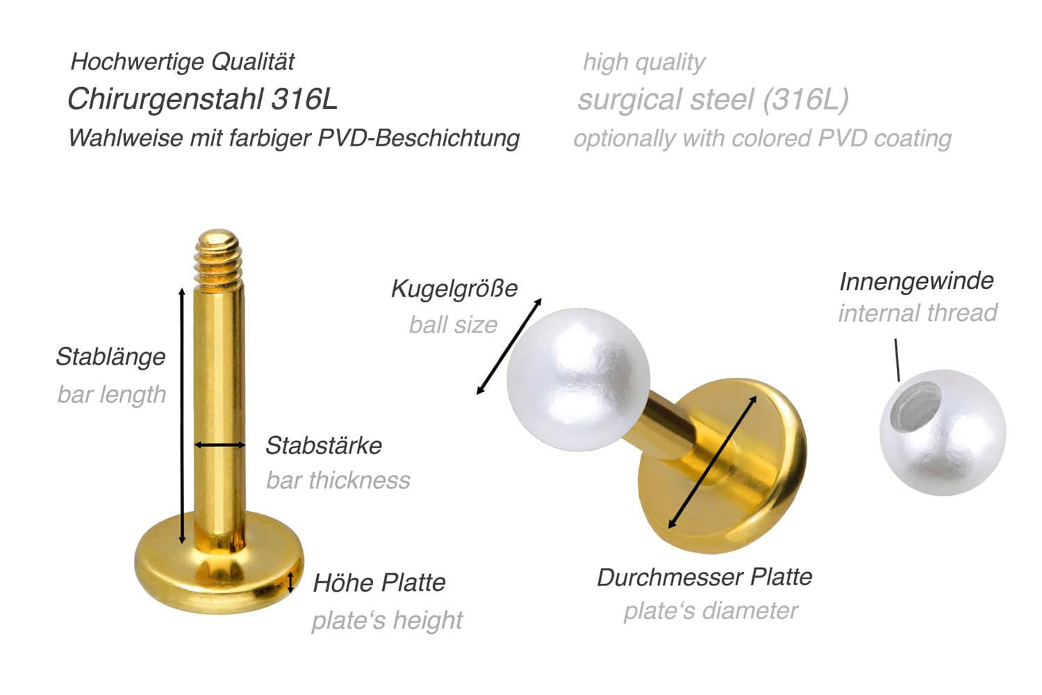 Chirurgenstahl Labret SYNTHETISCHE PERLE