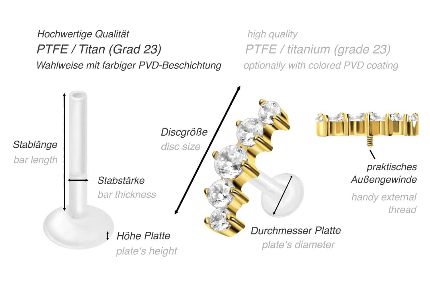 PTFE Labret mit Innengewinde + Titan-Aufsatz 5 EINGEFASSTE KRISTALLE