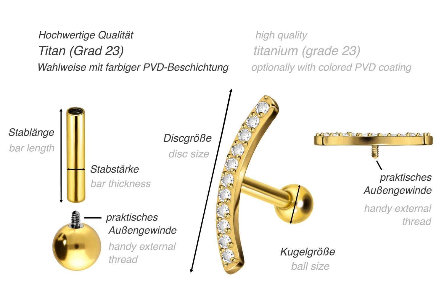 Titanium ear piercing with internal thread CRYSTAL ARCH