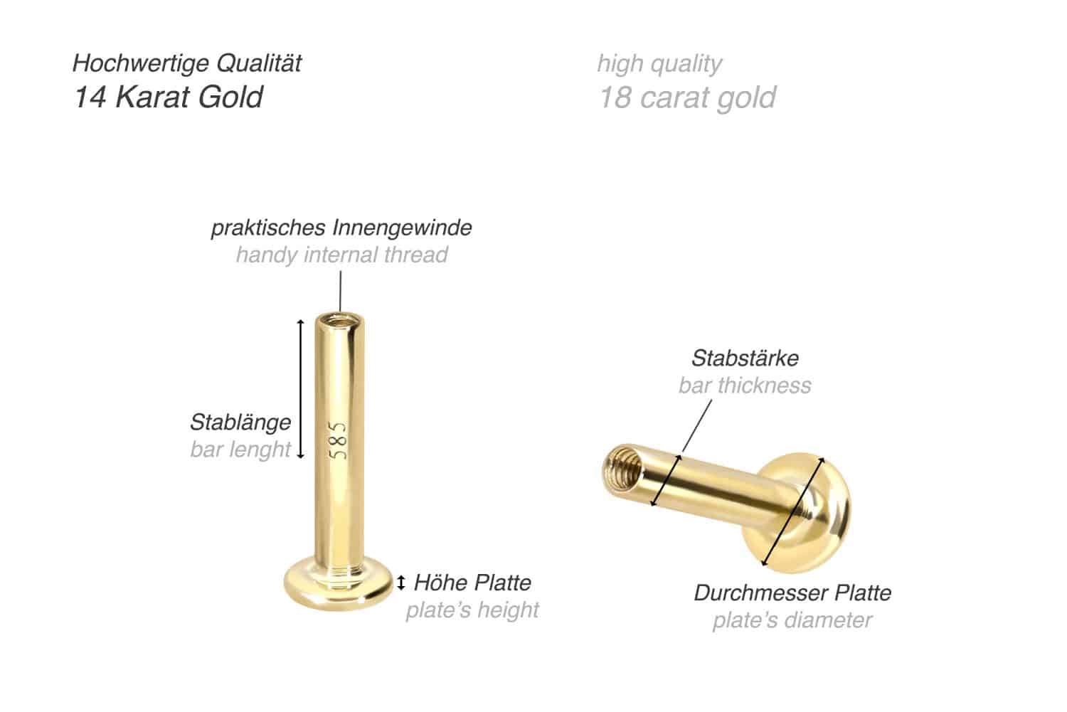 14 Karat Gold Labret mit Innengewinde ohne Aufsatz