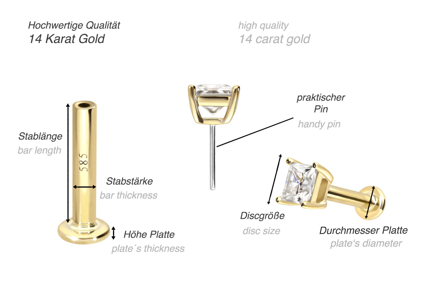 14 Karat Gold Labret mit Push Fit MOISSANIT-QUADRAT