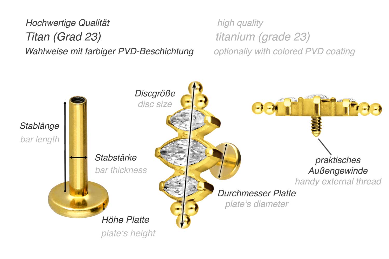 Titan Labret mit Innengewinde 3 KRISTALLTROPFEN + KUGELN