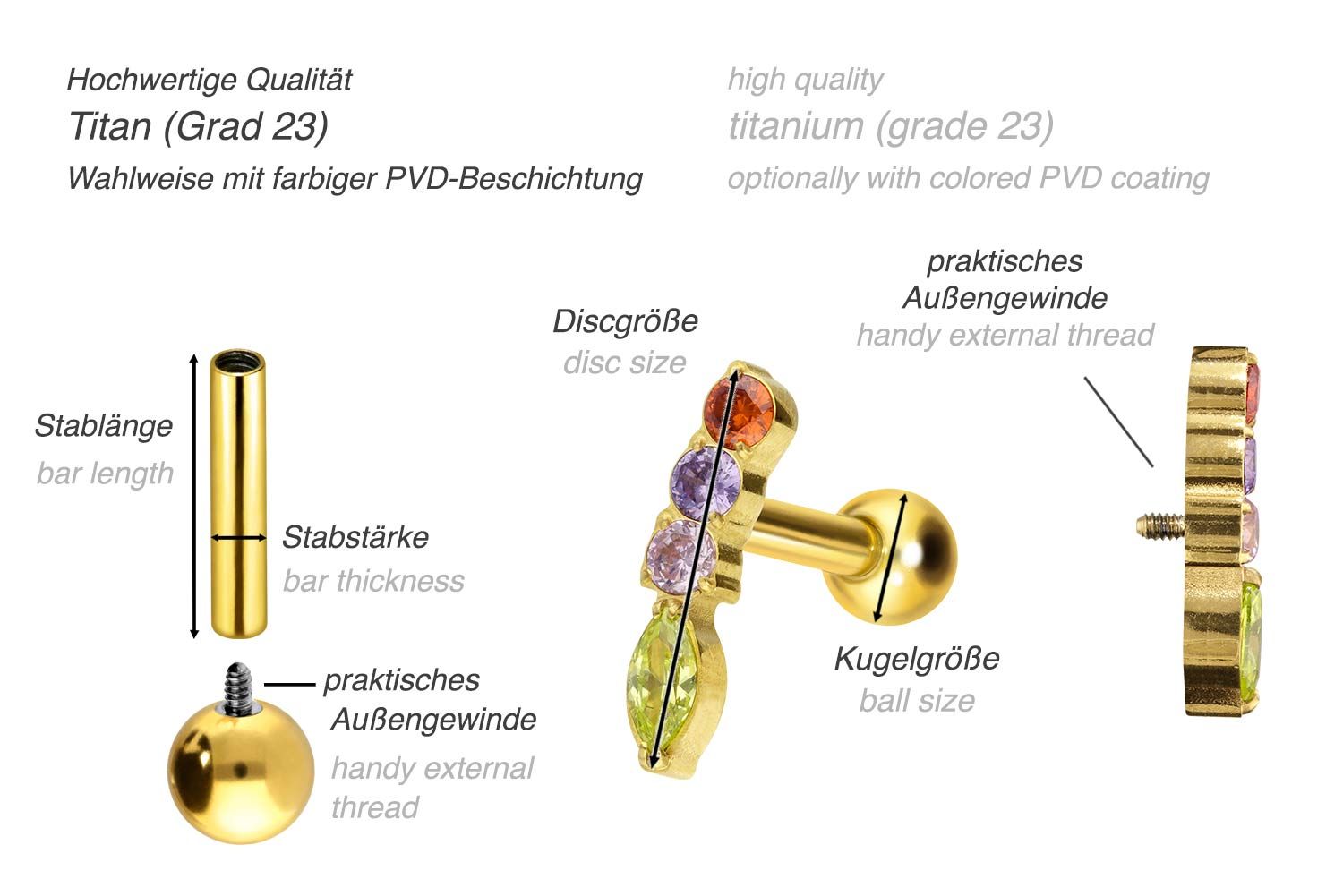 Titan Ohrpiercing mit Innengewinde BUNTER KRISTALLBOGEN
