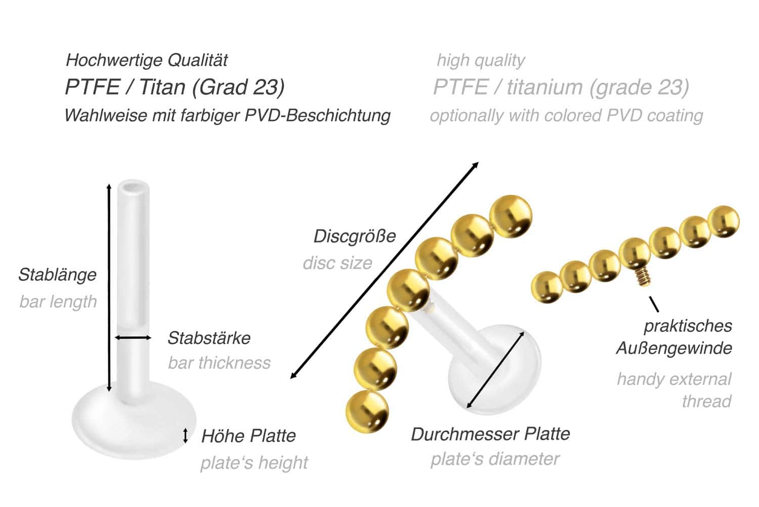 PTFE Labret mit Innengewinde + Titan-Aufsatz 7 KUGELN