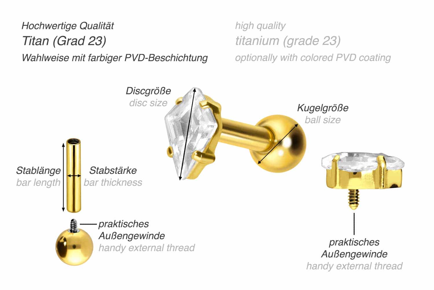 Titanium ear piercing with internal thread CRYSTAL RHOMBUS