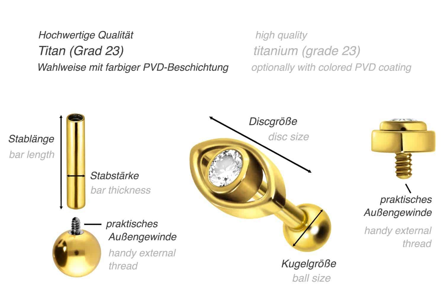 Titan Ohrpiercing mit Innengewinde AUGE + KRISTALL