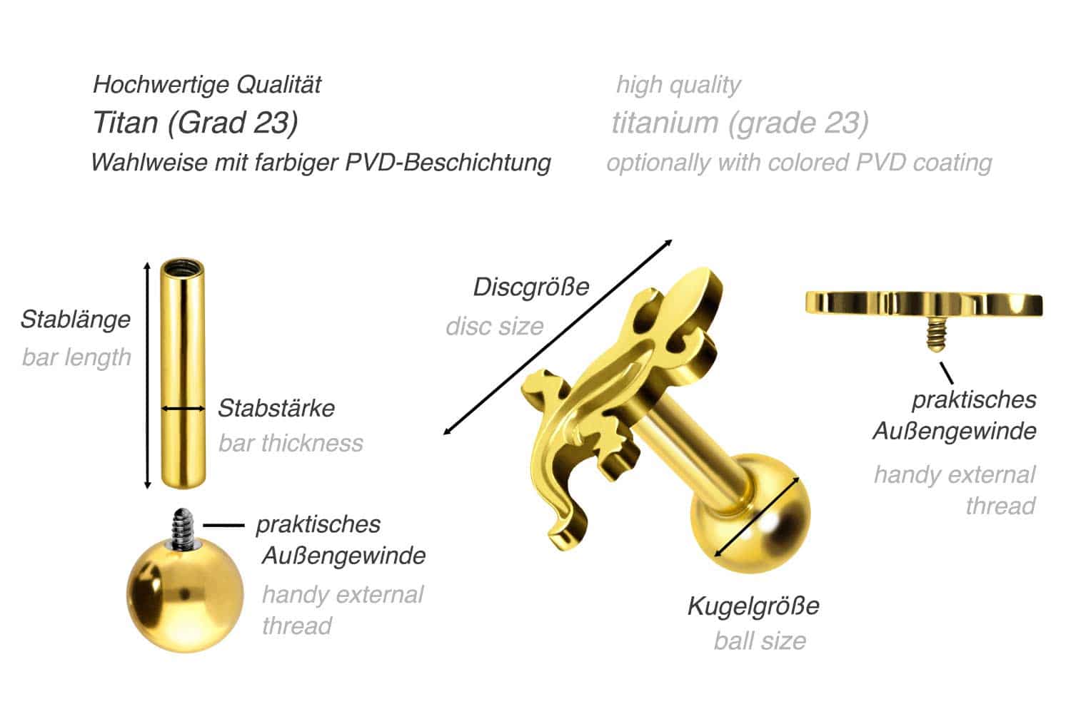 Titan Ohrpiercing mit Innengewinde GECKO