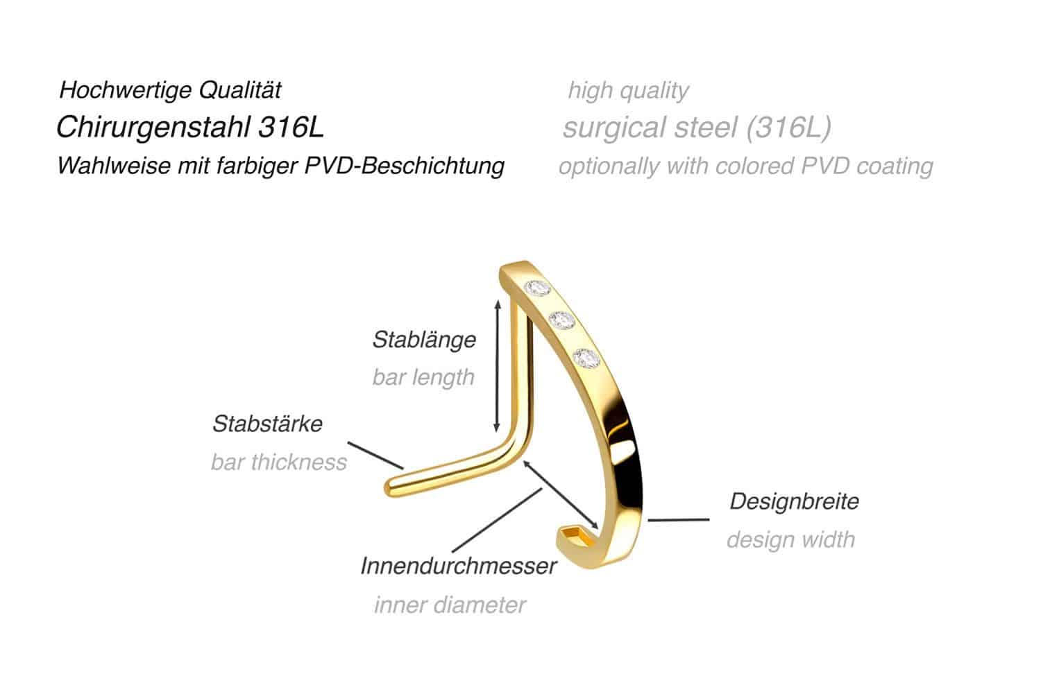 Chirurgenstahl Nasenstecker 3 KRISTALLE