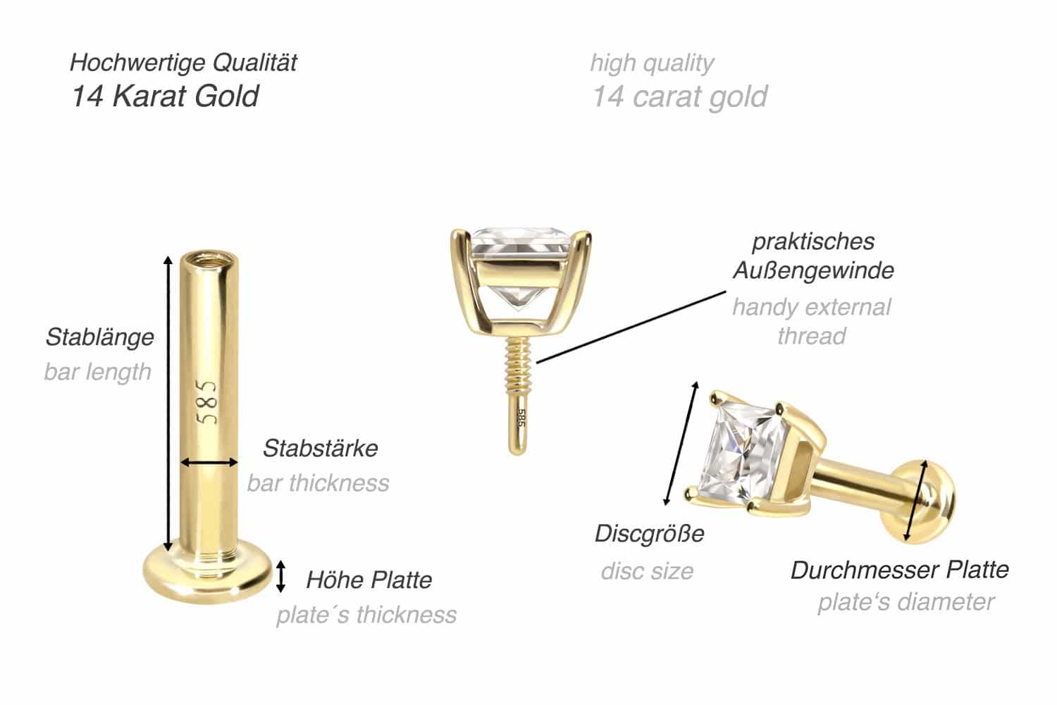 14 Karat Gold Labret mit Innengewinde MOISSANIT-QUADRAT