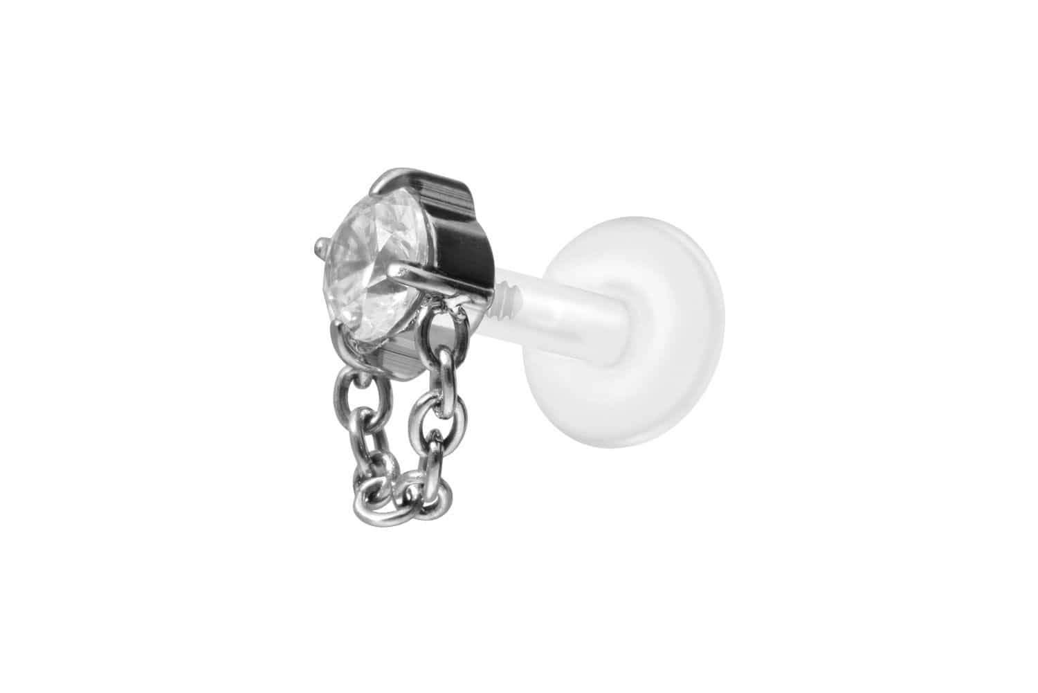 PTFE labret with internal thread + titanium attachment CRYSTAL + CHAIN