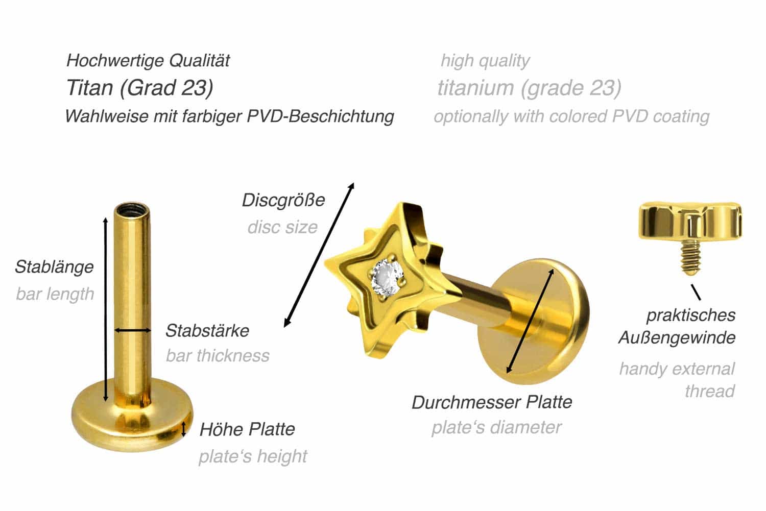 Titan Labret mit Innengewinde STERN + KRISTALL