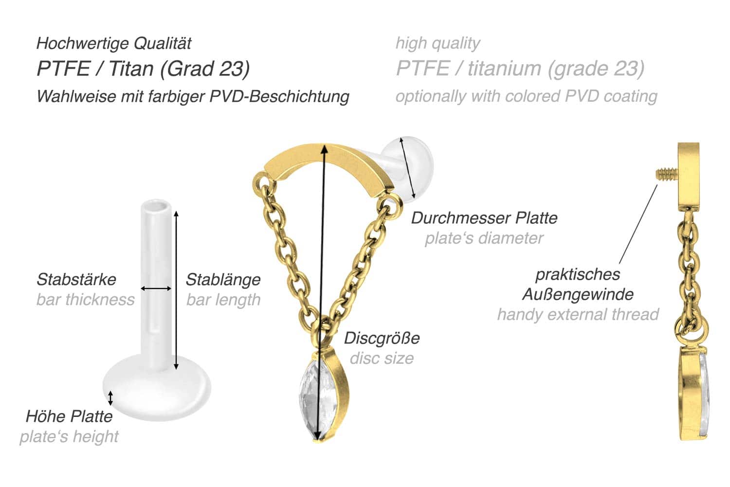 PTFE Labret mit Innengewinde + Titan-Aufsatz BOGEN + KETTE + KRISTALLTROPFEN