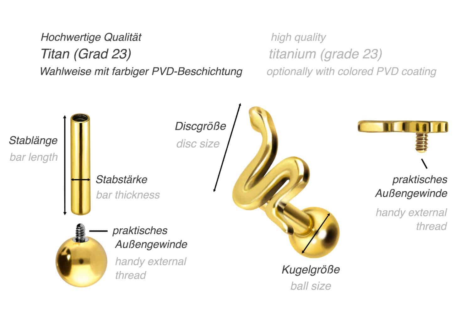 Titan Ohrpiercing mit Innengewinde SCHLANGE