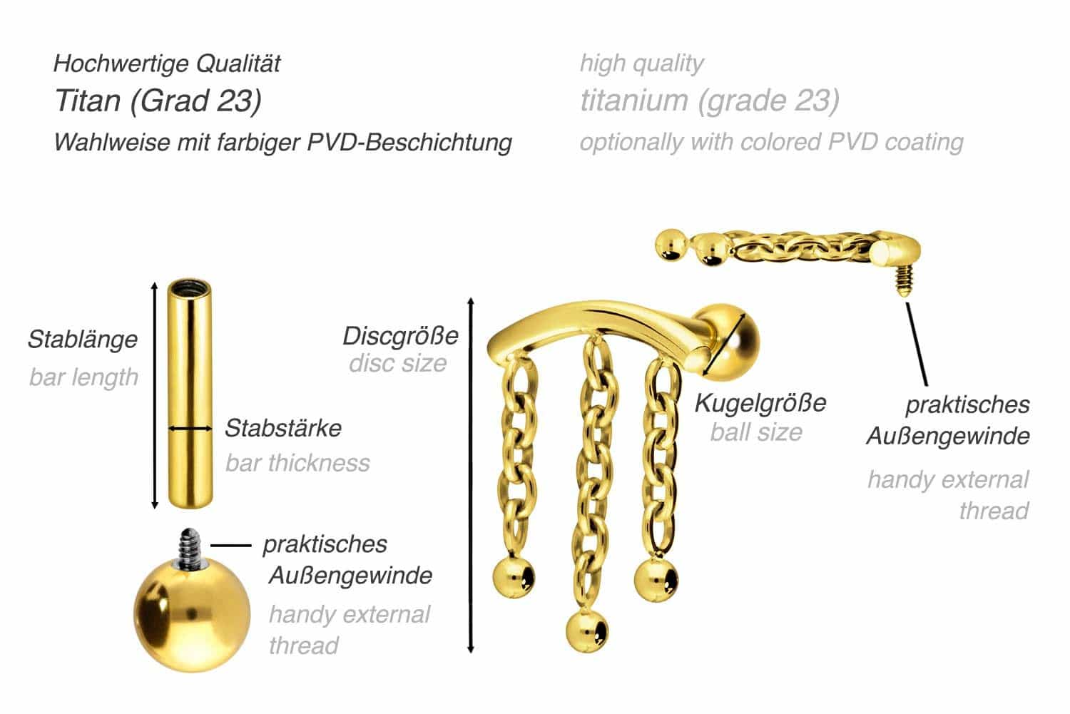 Titan Ohrpiercing mit Innengewinde BOGEN + 3 KETTEN