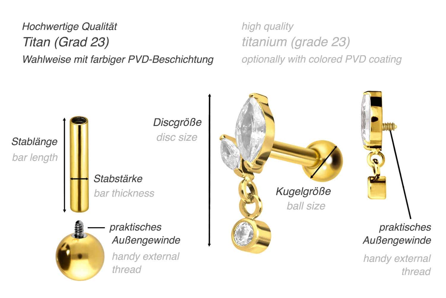 Titan Ohrpiercing mit Innengewinde KNOSPE + KRISTALL