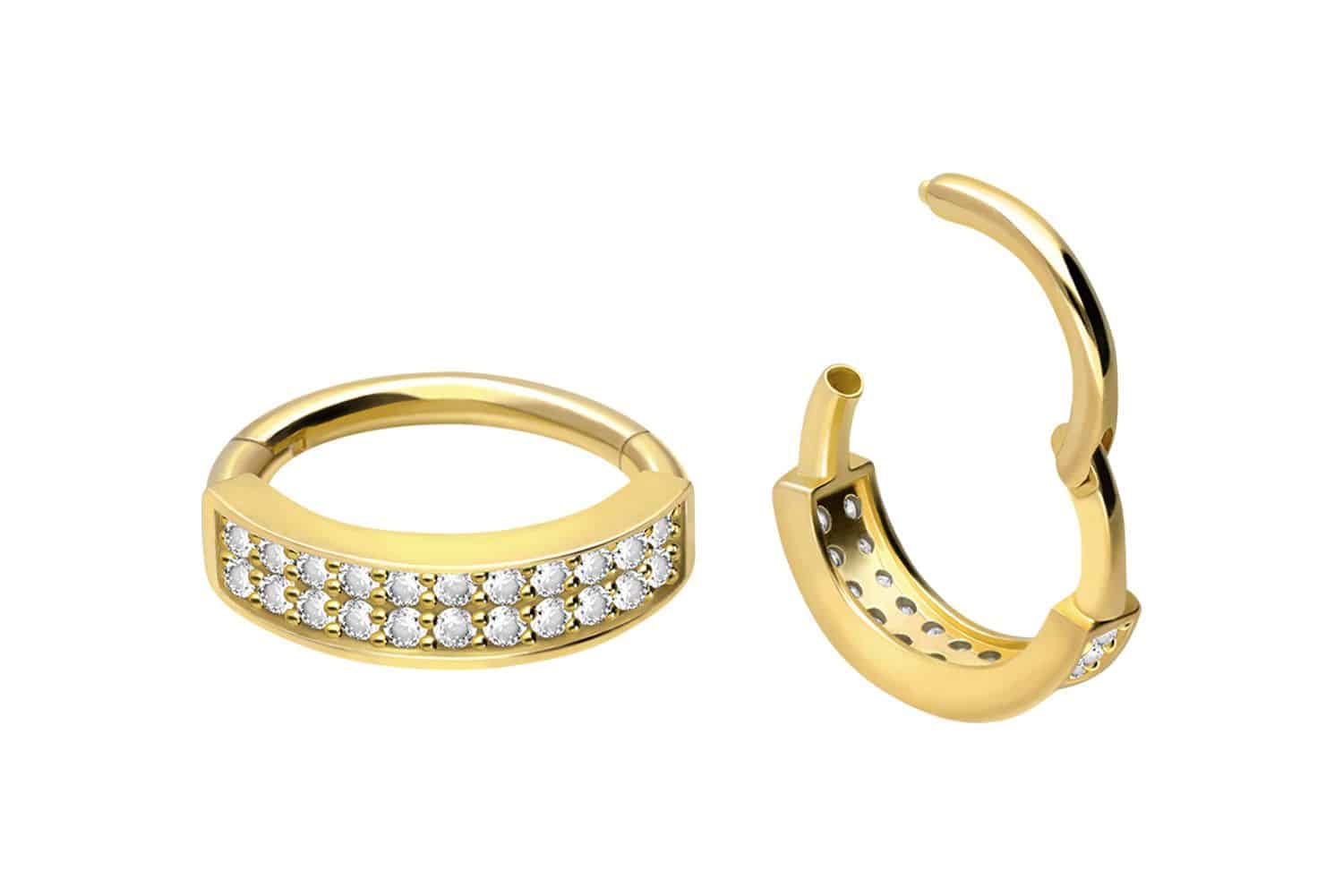 18 carat gold segment ring clicker SETTED CRYSTALS DOUBLE ROW