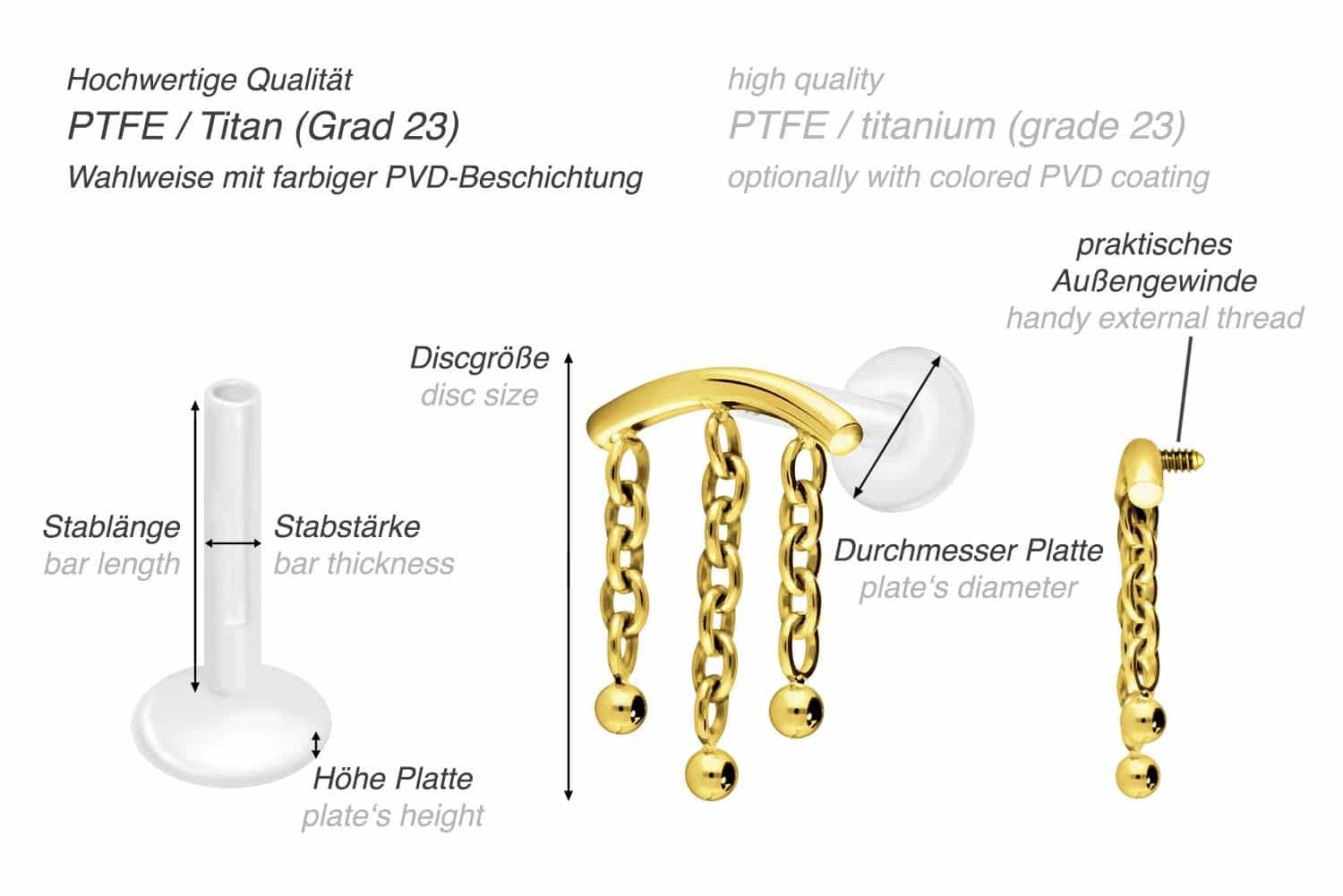 PTFE labret with internal thread + titanium attachment ARCH + 3 CHAINS