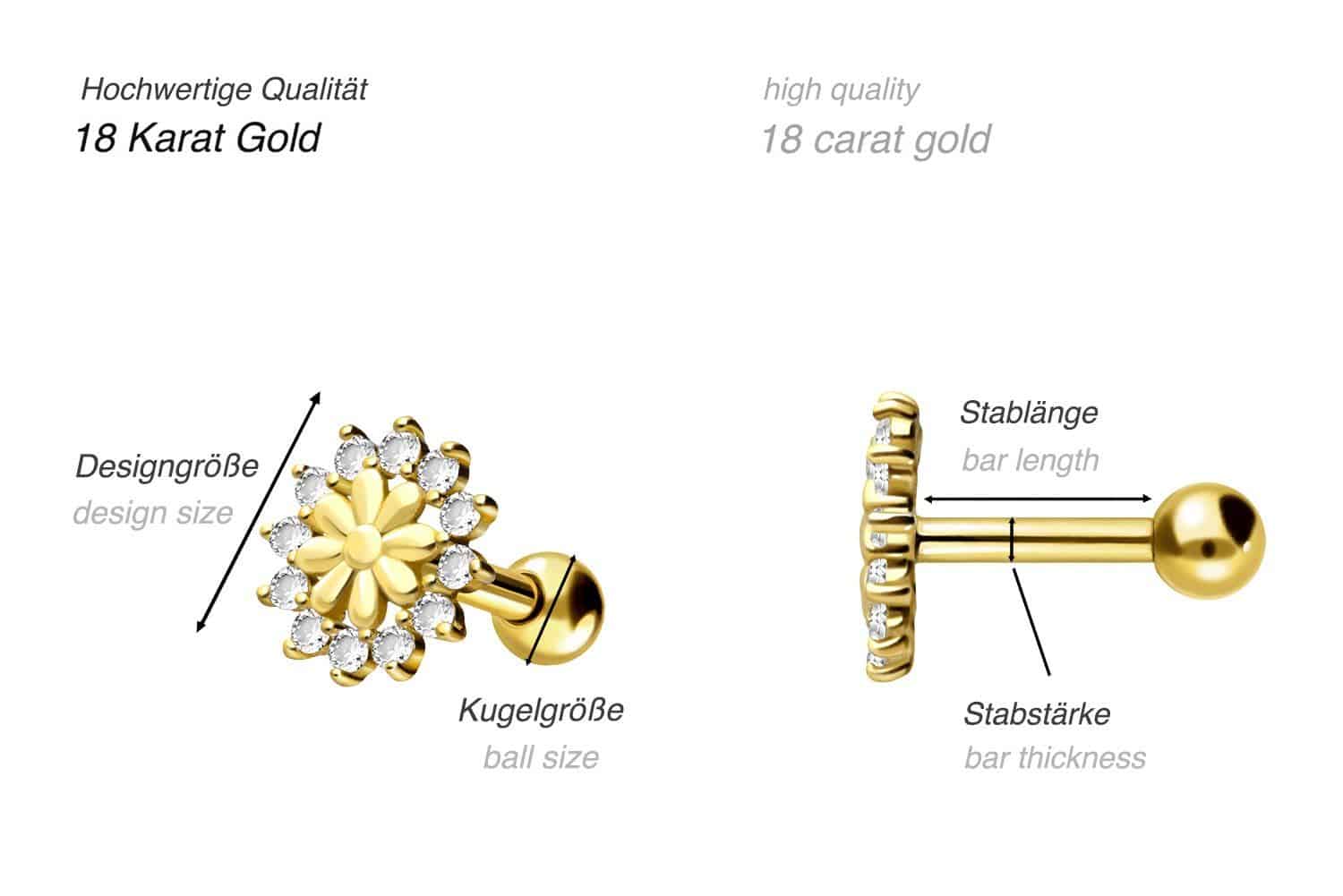 18 Karat Gold Ohrpiercing BLUME + KRISTALLE