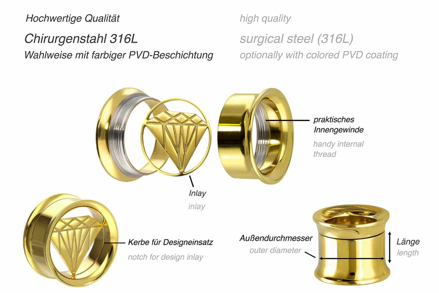 Surgical steel BYO double flared tunnel incl. inlay DIAMOND ++SALE++