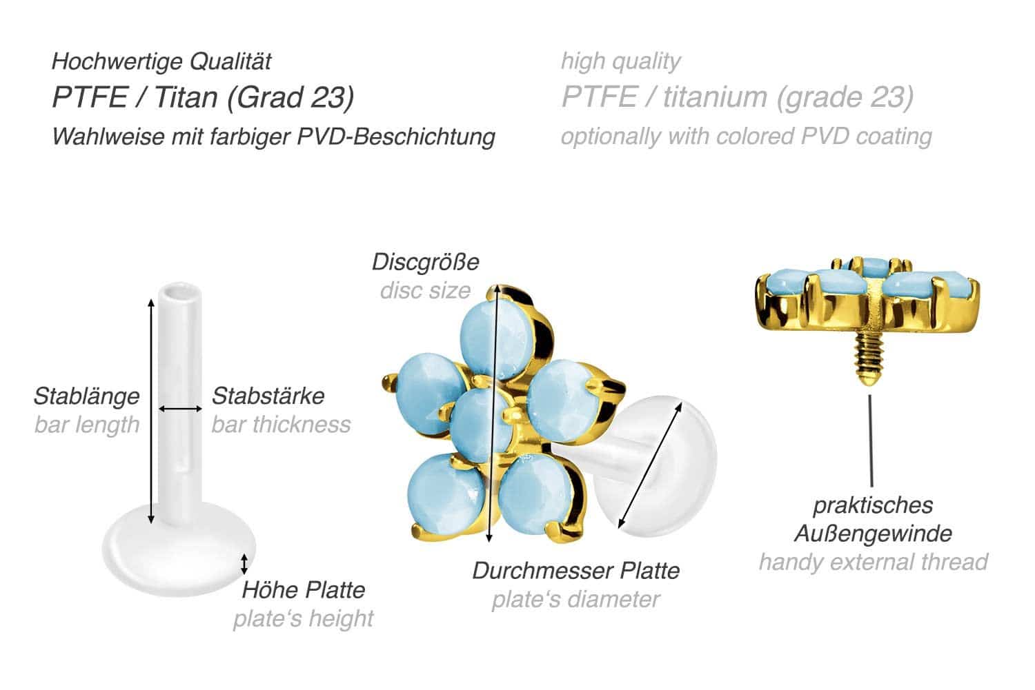 PTFE Labret mit Innengewinde + Titan-Aufsatz BLUME + SYNTHETISCHE TÜRKISE