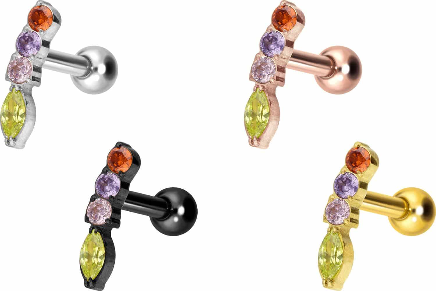 Titanium ear piercing with internal thread MULTICOLORED CRYSTAL ARCH