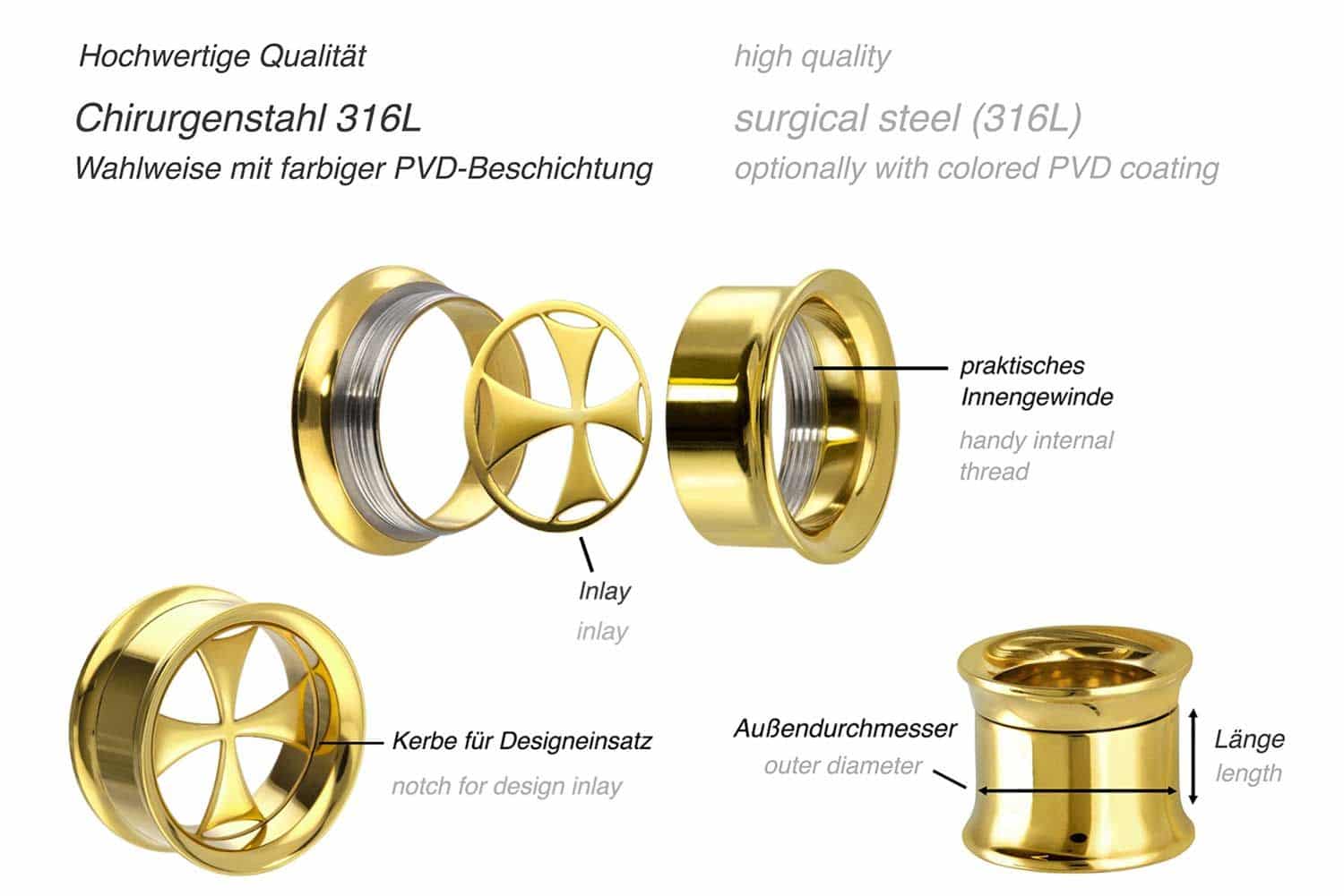 Surgical steel BYO double flared tunnel incl. inlay IRON CROSS ++SALE++