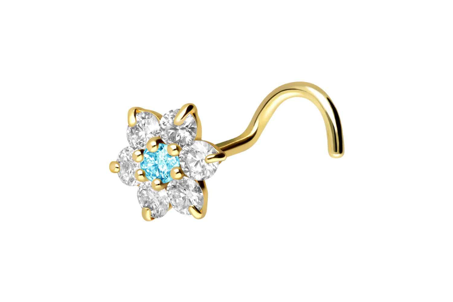 18 carat gold nose stud spiral CRYSTAL FLOWER