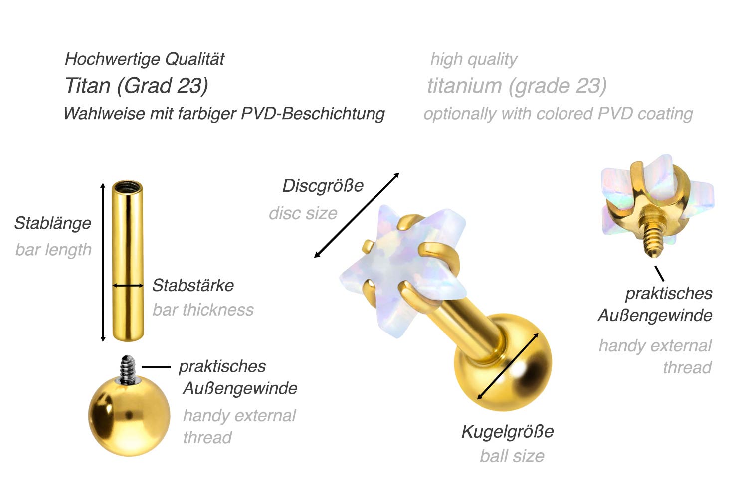 Titan Ohrpiercing mit Innengewinde STERN + SYNTHETISCHER OPAL