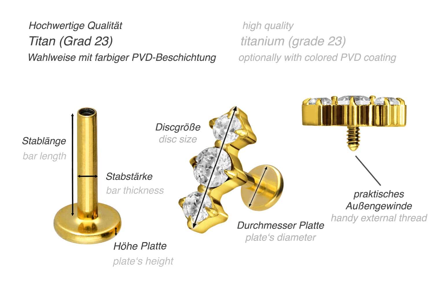 Titan Labret mit Innengewinde 3 EINGEFASSTE KRISTALLE