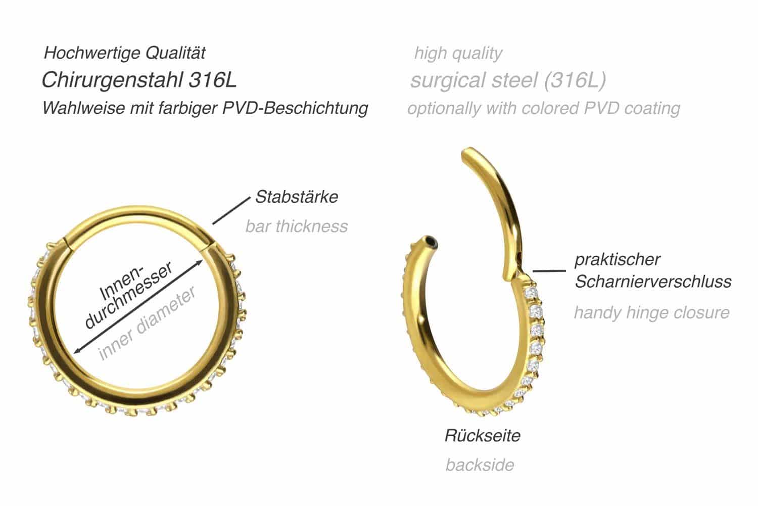 SET Chirurgenstahl Segmentring Clicker EINGEFASSTE KRISTALLE ++Neues Design++