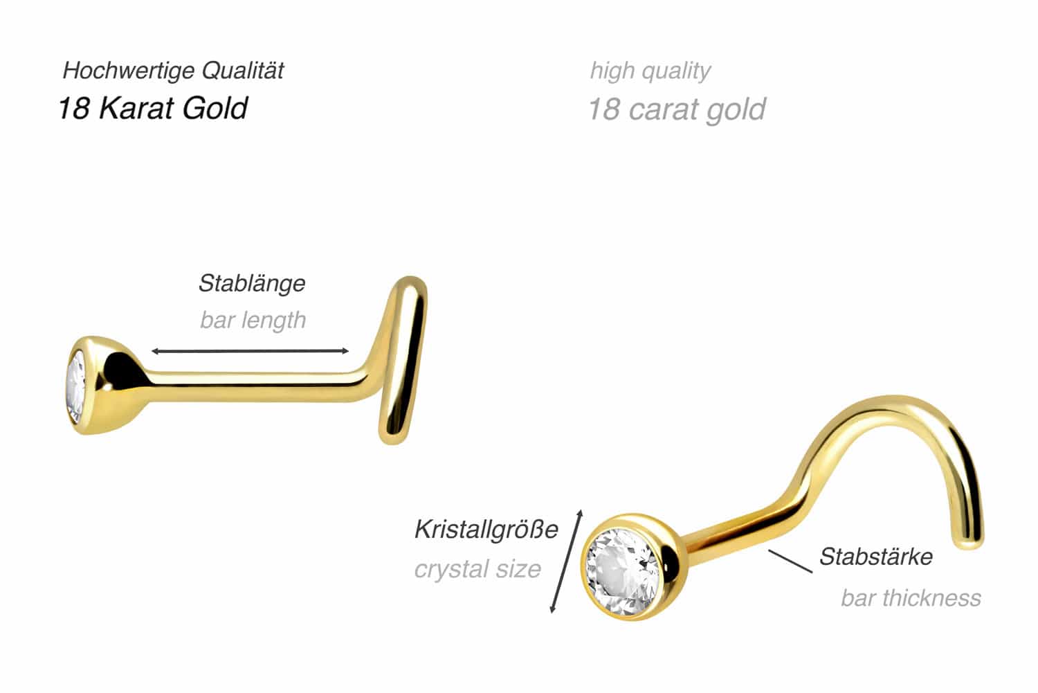 18 Karat Gold Nasenstecker Spirale 2,4 mm RUNDER KRISTALL