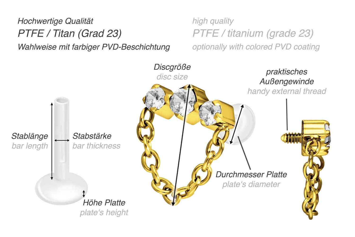 PTFE labret with internal thread + titanium attachment 3 SETTED CRYSTALS + CHAIN