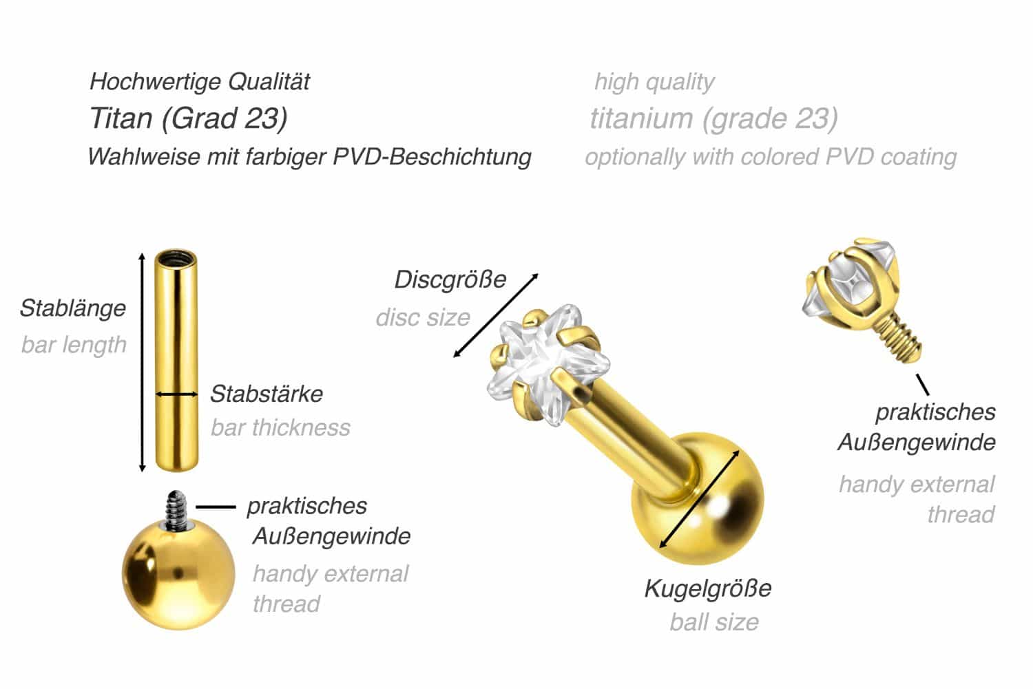 Titan Ohrpiercing mit Innengewinde EINGEFASSTER KRISTALLSTERN