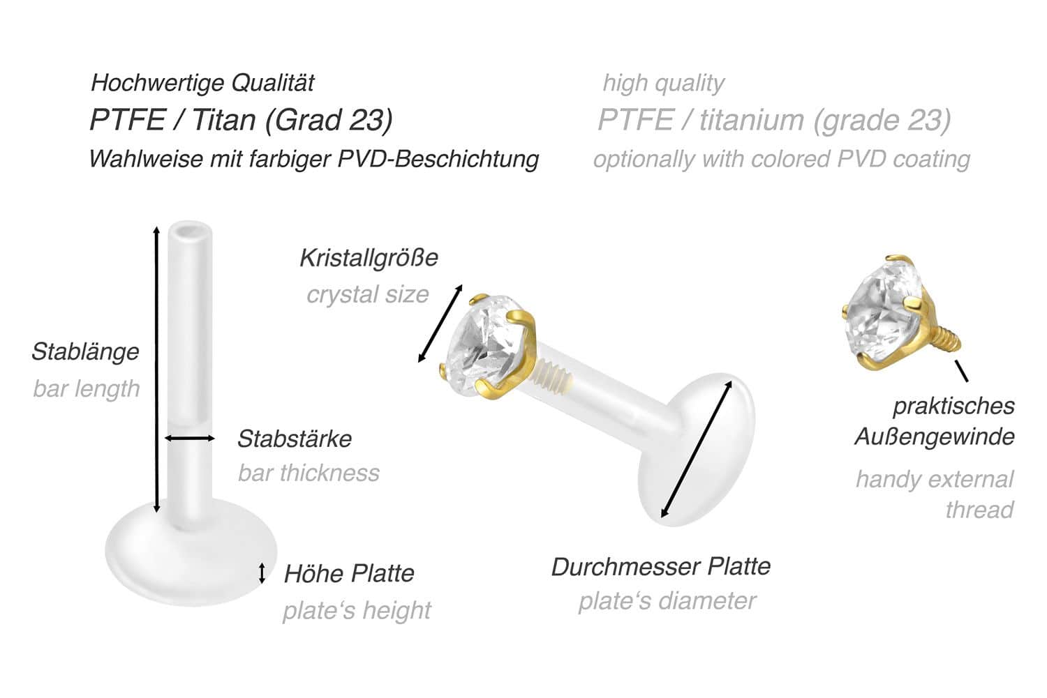 PTFE labret with internal thread + titanium attachment SETTED CRYSTAL