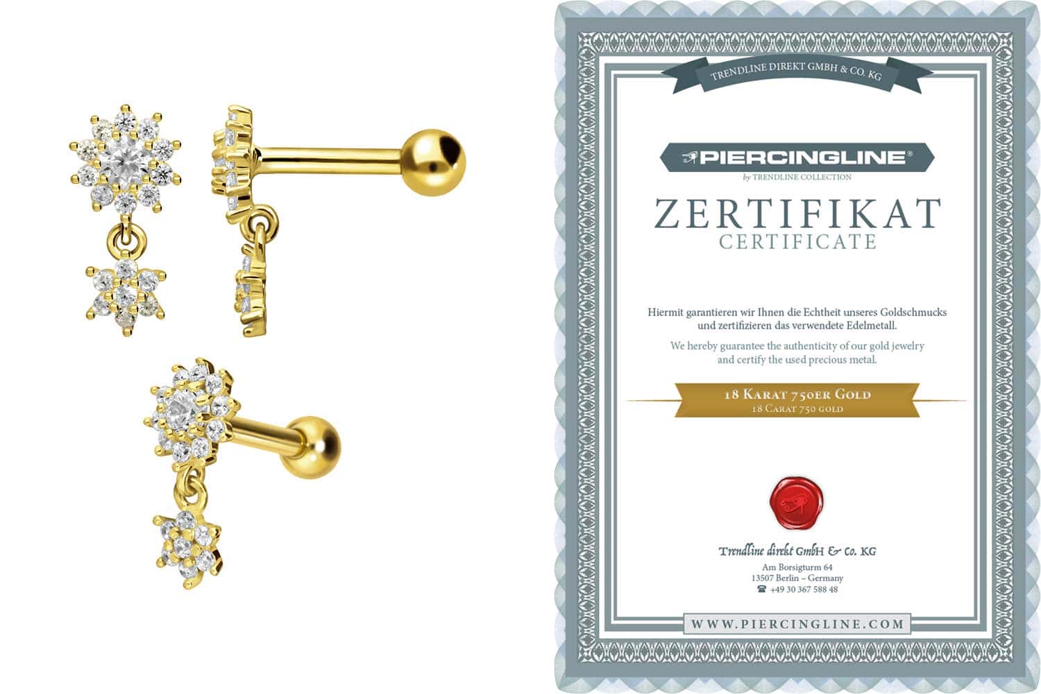 18 Karat Gold Ohrpiercing 2 KRISTALLBLUMEN