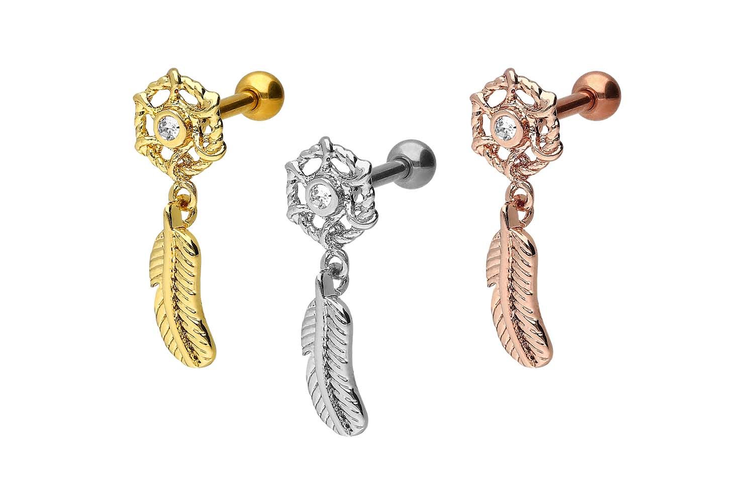 Surgical steel ear piercing with brass design DREAM CATCHER + FEATHER ++SALE++