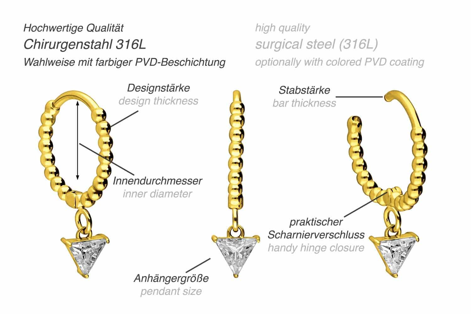 Surgical steel ear clicker creoles BALLS + CRYSTAL TRIANGLE