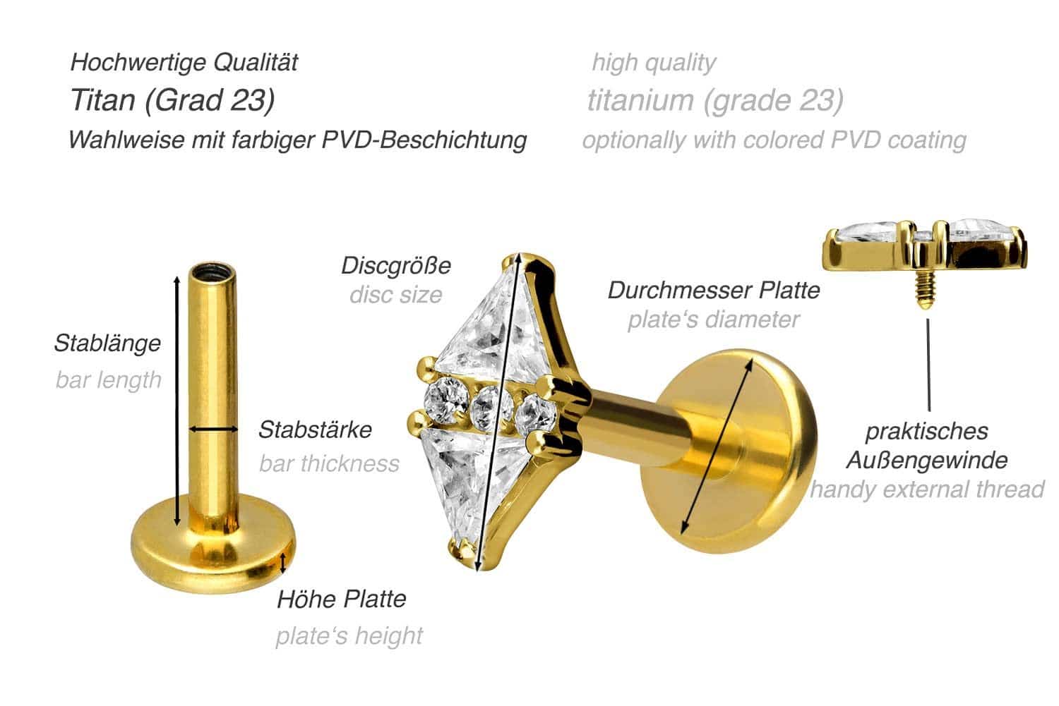 Titanium labret with internal thread CRYSTAL RHOMBUS