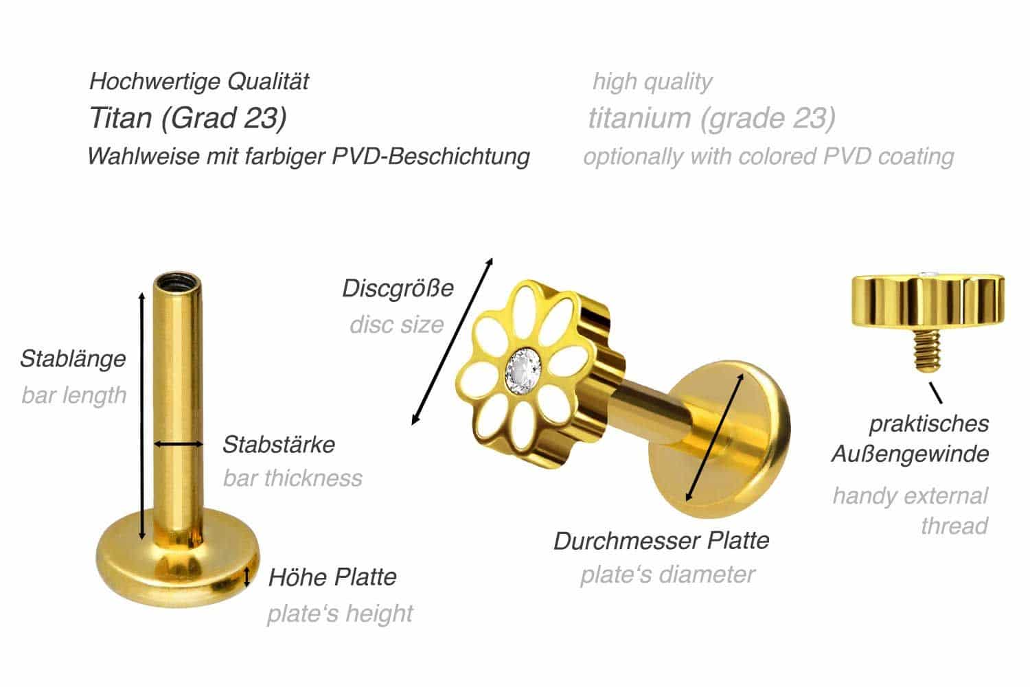 Titan Labret mit Innengewinde GÄNSEBLÜMCHEN + KRISTALL