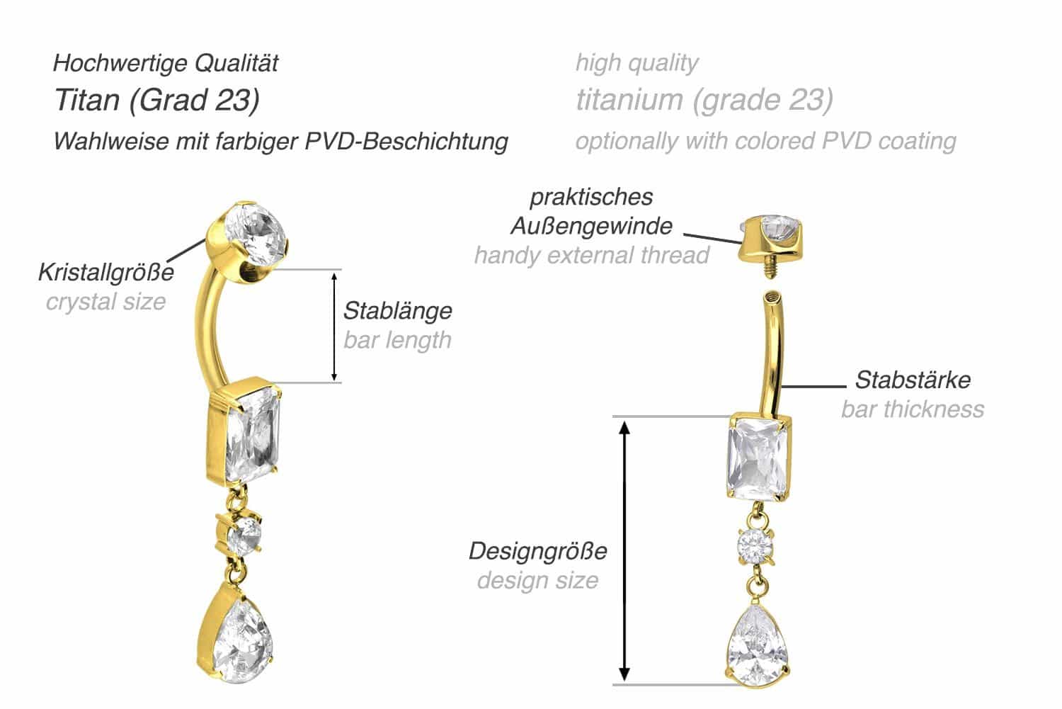 Titanium bananabell with internal thread CRYSTAL RECTANGLE + CRYSTAL DROP