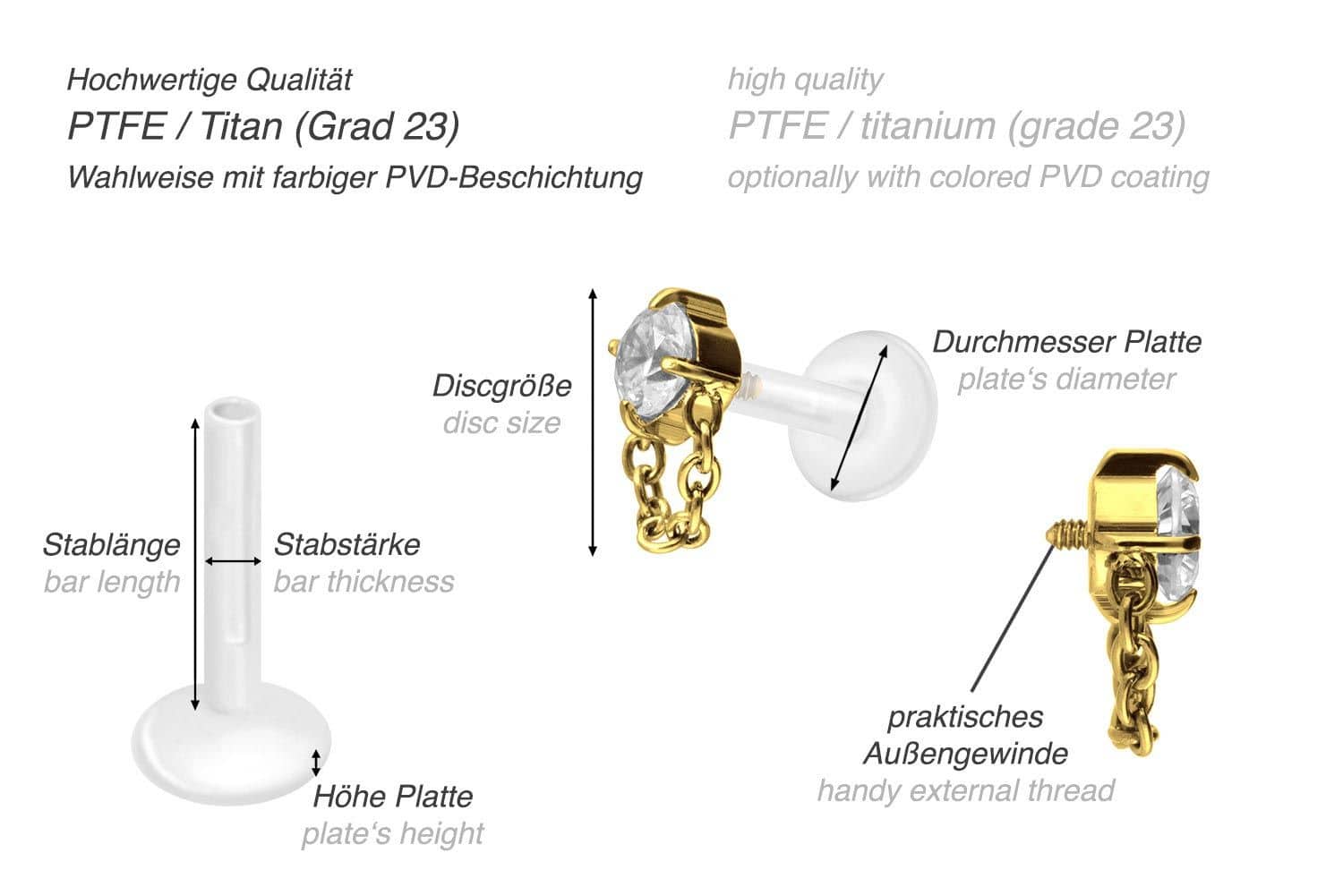 PTFE labret with internal thread + titanium attachment CRYSTAL + CHAIN