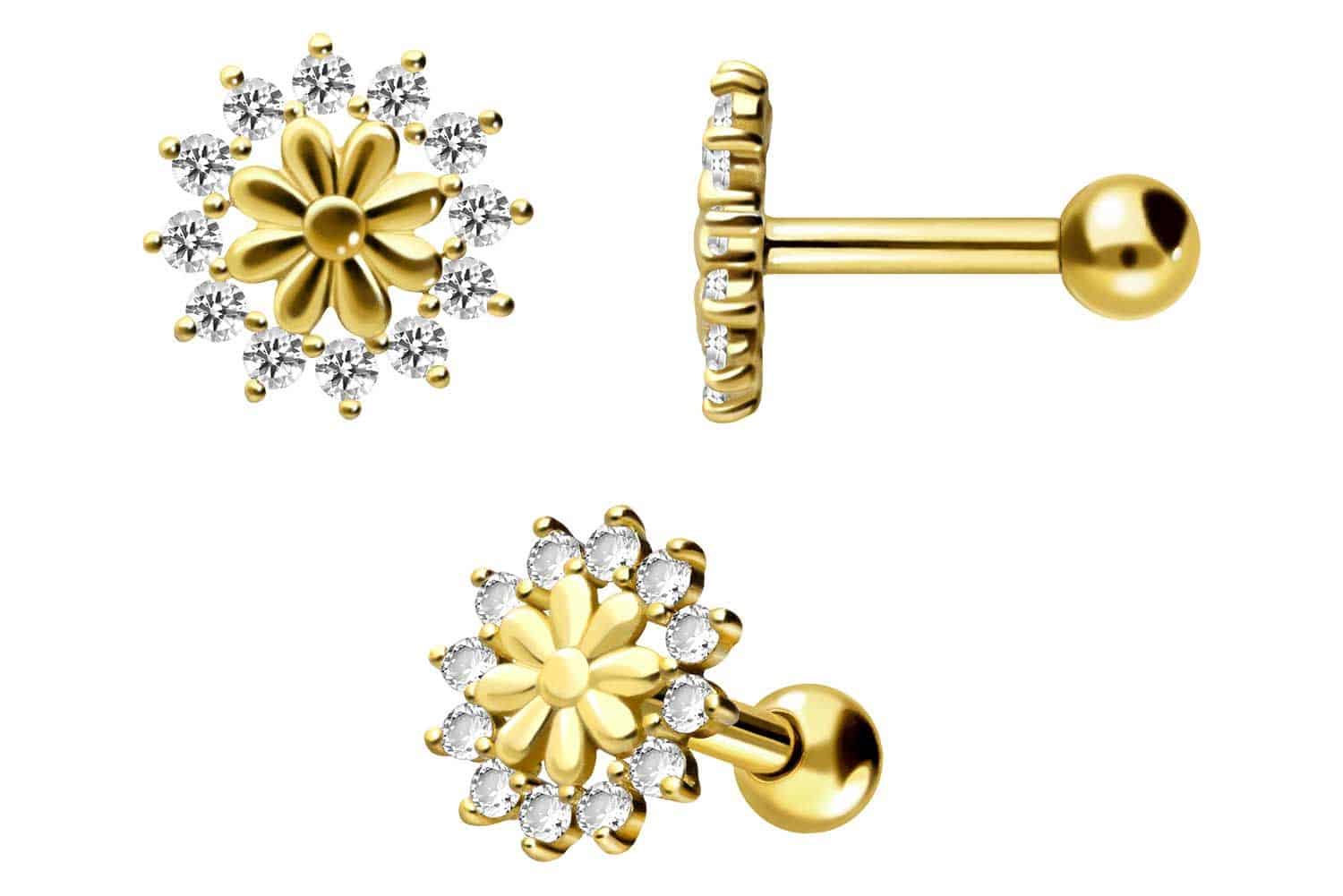 18 carat gold ear piercing FLOWER + CRYSTALS