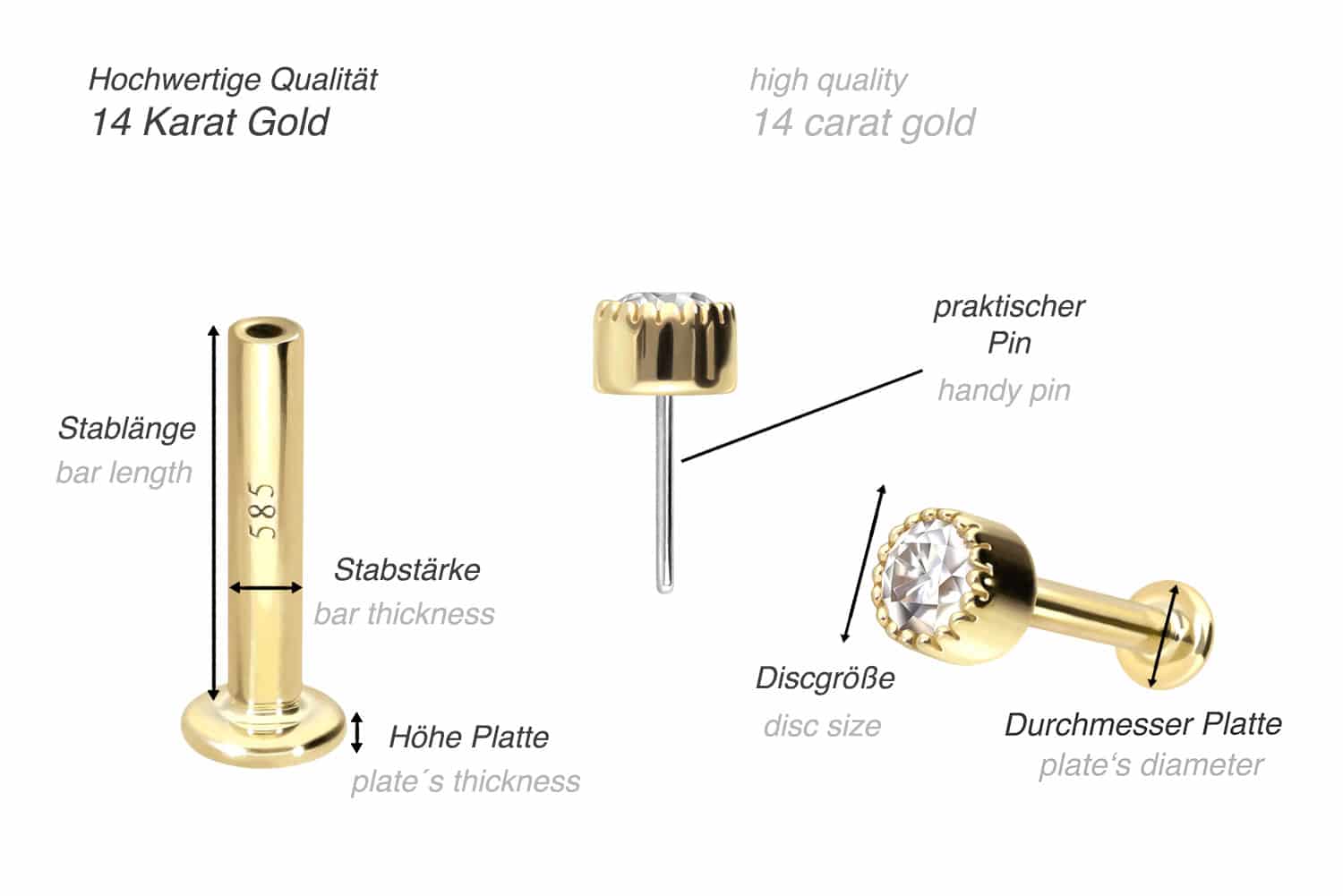 14 Karat Gold Labret mit Push Fit MOISSANIT-DISC