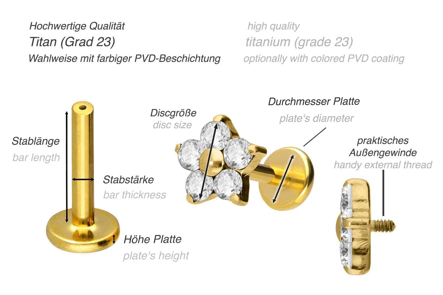 Titan Labret mit Innengewinde KRISTALLBLUME