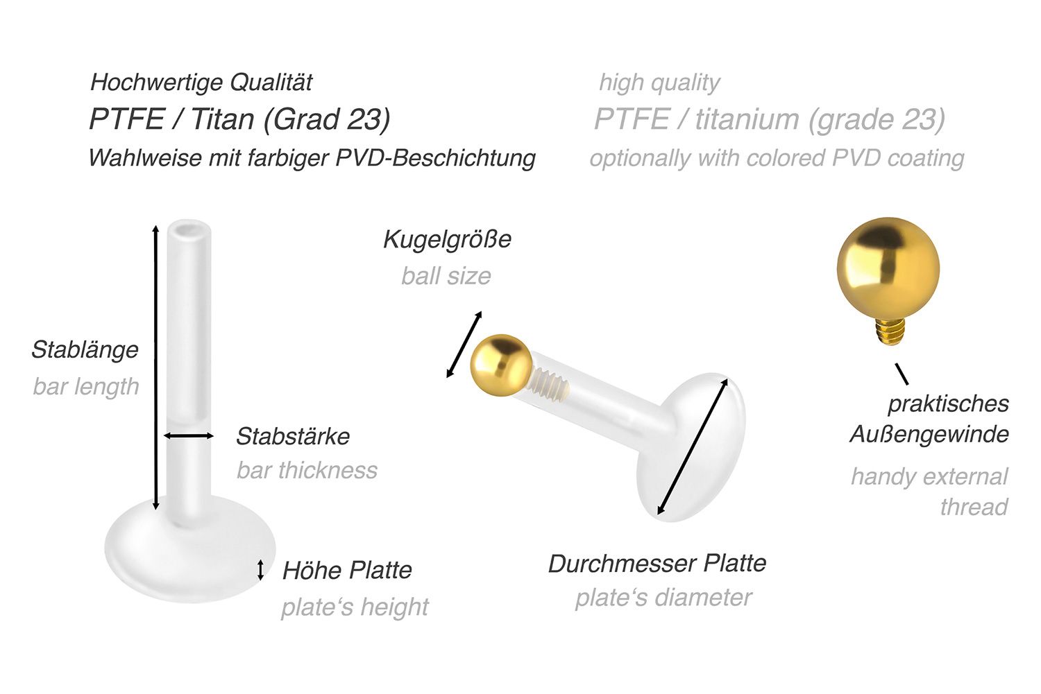 PTFE labret with internal thread + titanium attachment BALL