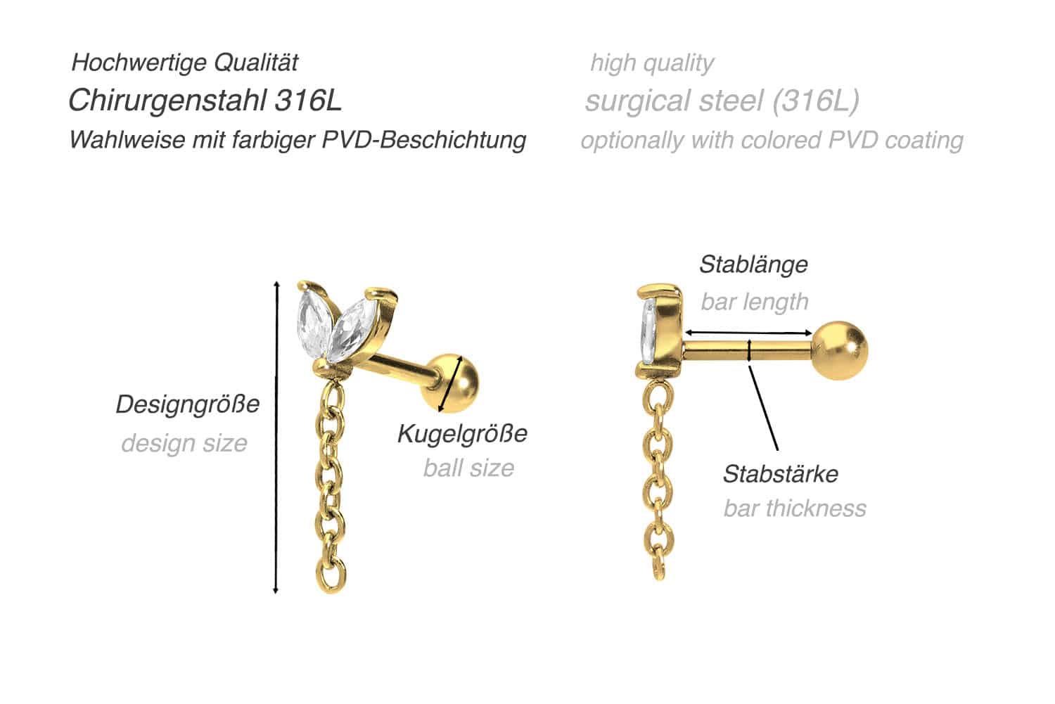 Chirurgenstahl Ohrpiercing KNOSPE + KETTE