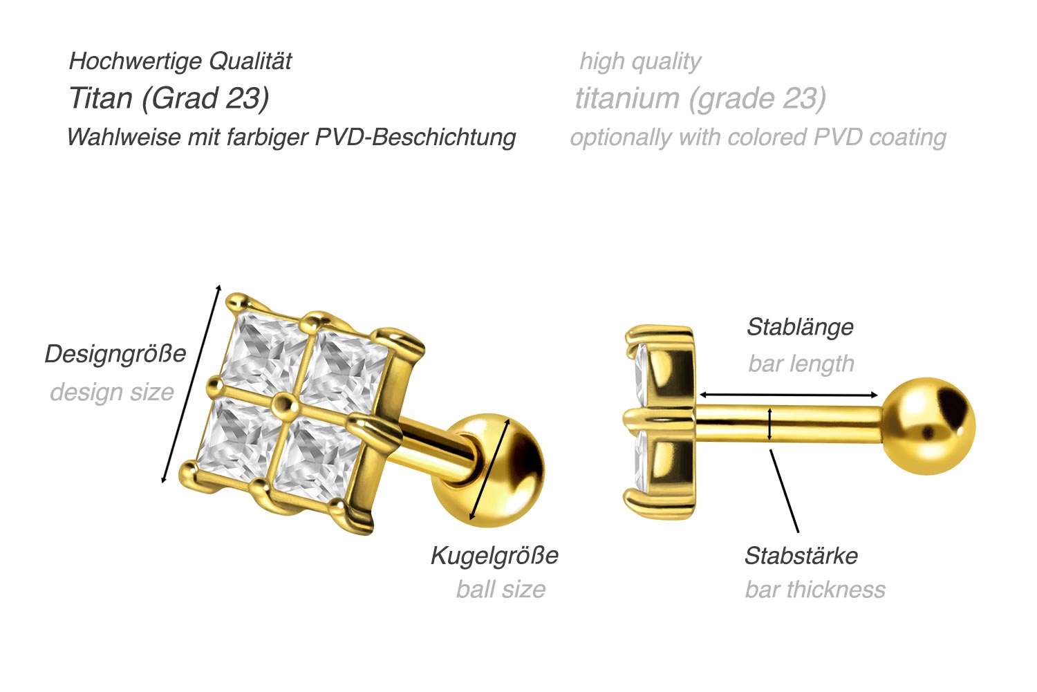 Titan Ohrpiercing EINGEFASSTES KRISTALLQUADRAT