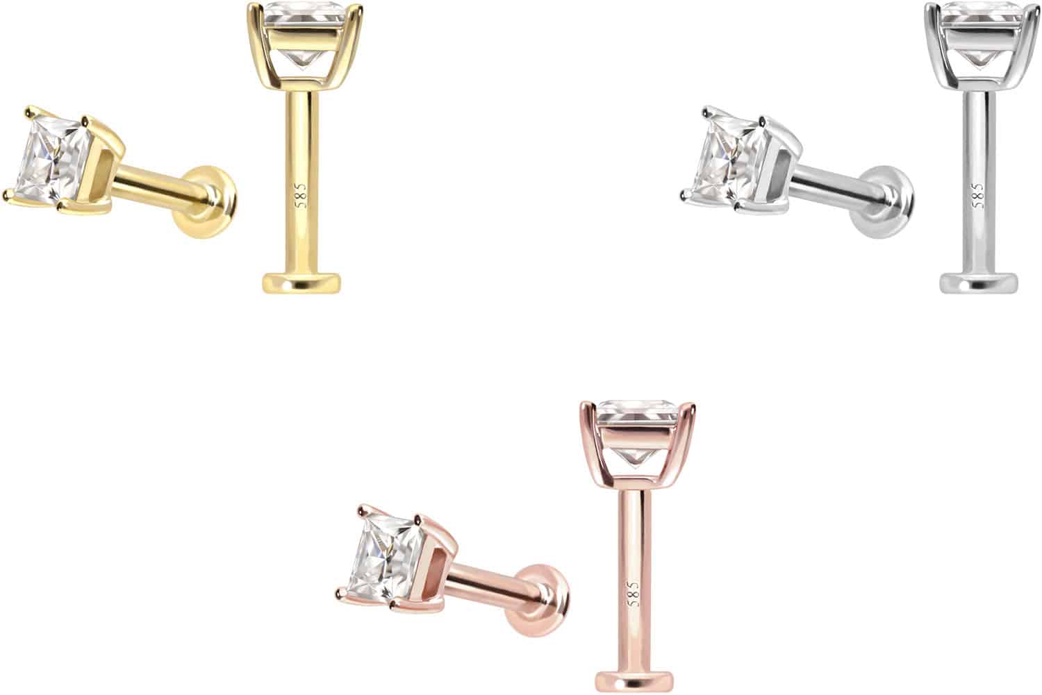 14 Karat Gold Labret mit Innengewinde MOISSANIT-QUADRAT